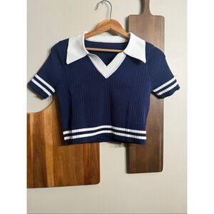 Cider Navy Blue White Collared Stripe Short Sleeve Crop Ribbed Knit Top Medium